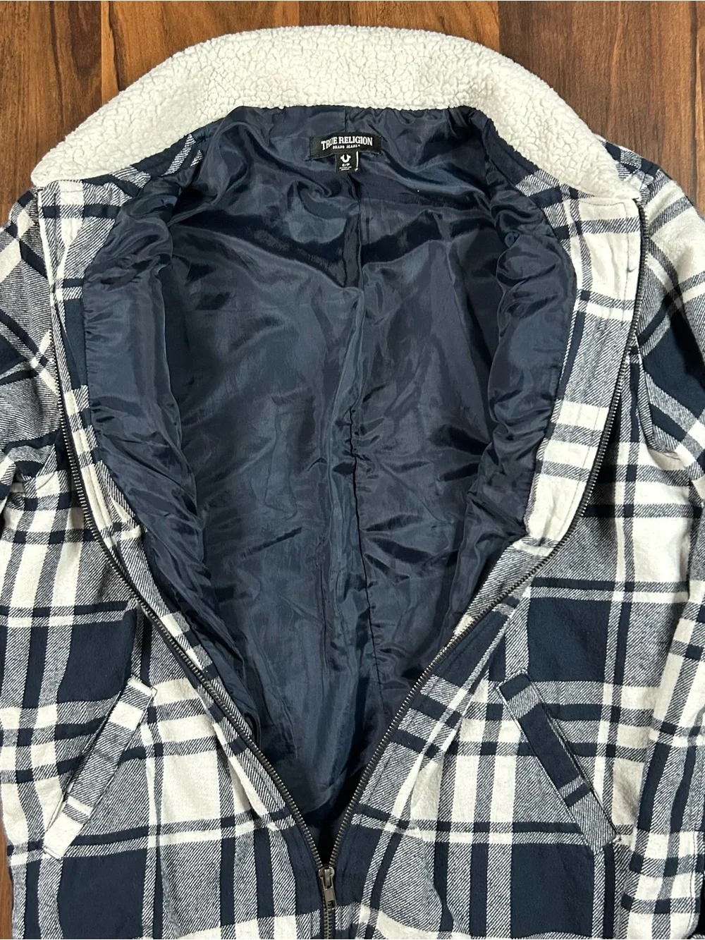 Y2K True Religion Navy & White Plaid Sherpa Collar Jacket